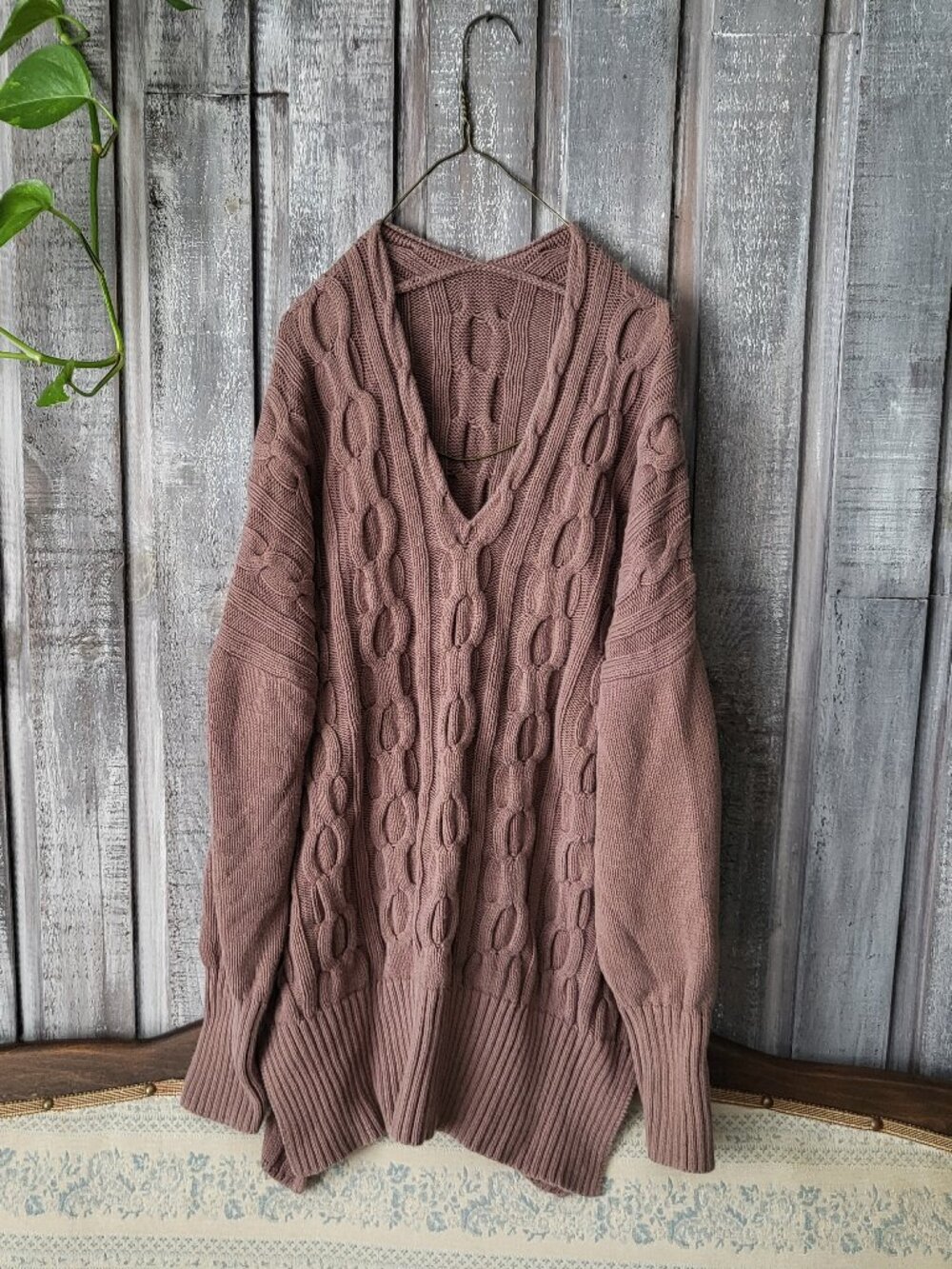 Vintage Oversized Cable Knit V-Neck Sweater 100% Cotton Mauve Taupe XL 90s